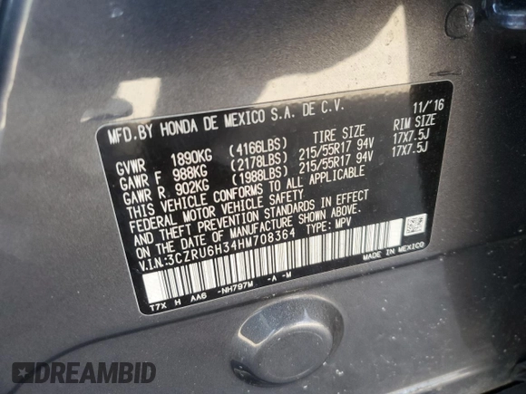 2017 Honda HR-V LX with VIN 3CZRU6H34HM708364, listed as a Copart auction lot 49602205 with 42,117 mi miles and Salvage Title. Bid and sale history available at carsss.com. Image 13.
