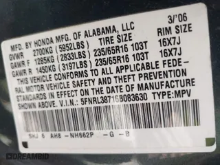 2006 Honda Odyssey EX-L with VIN 5FNRL38716B083630, listed as a IAAI auction lot 42017538 with 297,592 mi miles. Bid and sale history available at carsss.com. Image 9.