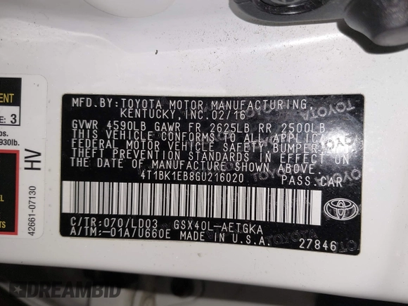 2016 Toyota Avalon Limited with VIN 4T1BK1EB8GU216020, listed as a IAAI auction lot 42050754 with 160,609 mi miles and . Bid and sale history available at DreamBid. Image 9.