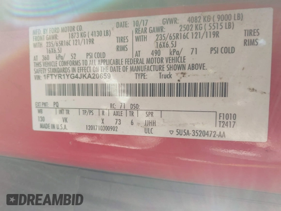 2018 Ford Transit with VIN 1FTYR1YG4JKA20659, listed as a IAAI auction lot 41419116 with 155,928 mi miles and . Bid and sale history available at DreamBid. Image 9.