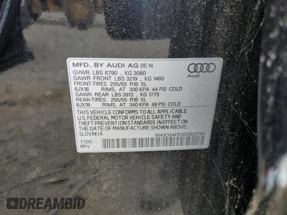 2014 Audi Q7 3.0T Premium with VIN WA1CGAFE3ED020786, listed as a Copart auction lot 63790064 with 0 mi miles and Salvage Title. Bid and sale history available at carsss.com. Image 14.