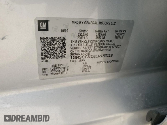 2020 Chevrolet Suburban LS с VIN 1GNSCGKC6LR183119, выставлен на аукционе Copart как лот 54466925 с пробегом 87 978 миль миль и Списание • Salvage title. История ставок и продаж доступна на DreamBid. Изображение 13.
