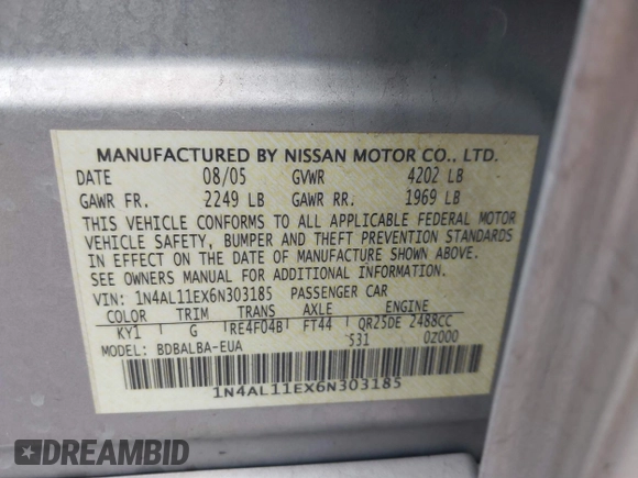 2006 Nissan Altima 2.5 S with VIN 1N4AL11EX6N303185, listed as a IAAI auction lot 41423674 with 240,388 mi miles. Bid and sale history available at carsss.com. Image 9.