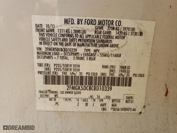 2012 Ford Flex Limited with VIN 2FMGK5DC8CBD10339, listed as a Copart auction lot 47237395 with 287,137 mi miles and Salvage Title. Bid and sale history available at carsss.com. Image 14.