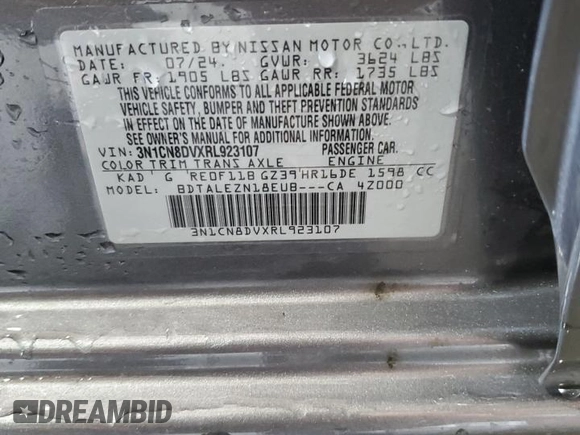 2024 Nissan Versa S with VIN 3N1CN8DVXRL923107, listed as a Copart auction lot 59899525 with 20,566 mi miles and Salvage title. Bid and sale history available at DreamBid. Image 12.