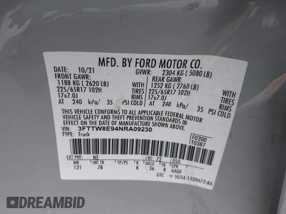 2022 Ford Maverick XL z VIN 3FTTW8E94NRA09230, wystawiony jako IAAI lot #41830226 z przebiegiem 16 422 mil mil oraz . Historia ofert i sprzedaży dostępna na DreamBid. Obrazek 9.