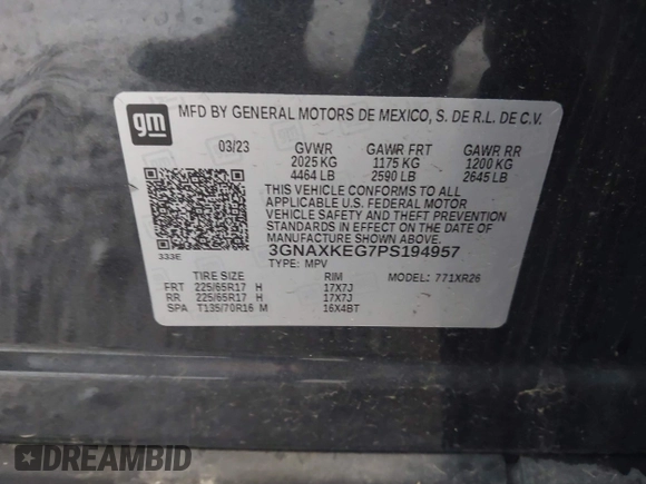 2023 Chevrolet Equinox LT with VIN 3GNAXKEG7PS194957, listed as a IAAI auction lot 42231035 with 56,549 mi miles and . Bid and sale history available at DreamBid. Image 9.