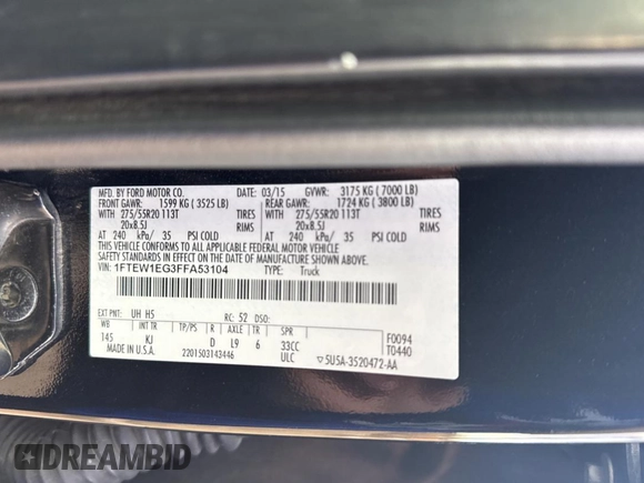 2015 Ford F-150 XLT with VIN 1FTEW1EG3FFA53104, listed as a Copart auction lot 43859665 with 182,930 mi miles and Clean Title. Bid and sale history available at carsss.com. Image 10.