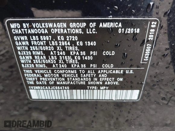 2018 Volkswagen Atlas SEL Premium z VIN 1V2NR2CAXJC554740, wystawiony jako IAAI lot #41773681 z przebiegiem 83 296 mil mil oraz . Historia ofert i sprzedaży dostępna na DreamBid. Obrazek 9.