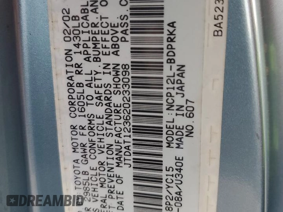 2002 Toyota ECHO z VIN JTDAT123620233098, wystawiony jako Copart lot #80001684 z przebiegiem 124 896 mil mil oraz Szkoda całkowita • Salvage title. Historia ofert i sprzedaży dostępna na DreamBid. Obrazek 14.