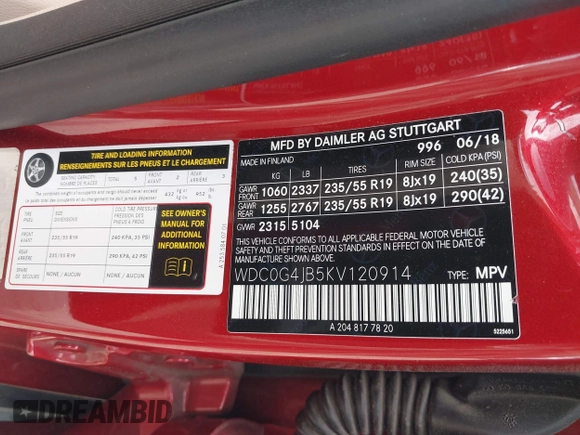 2019 Mercedes-Benz GLC 300 with VIN WDC0G4JB5KV120914, listed as a IAAI auction lot 42302432 with Not provided miles and . Bid and sale history available at DreamBid. Image 9.