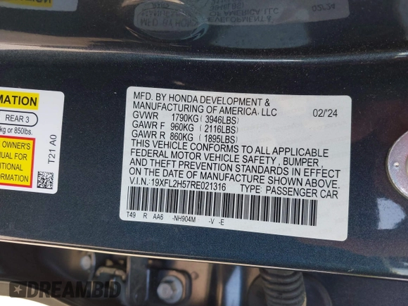 2024 Honda Civic LX z VIN 19XFL2H57RE021316, wystawiony jako IAAI lot #42031580 z przebiegiem 18 598 mil mil oraz . Historia ofert i sprzedaży dostępna na DreamBid. Obrazek 9.