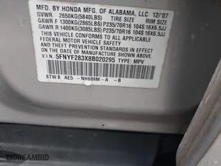 2008 Honda Pilot SE with VIN 5FNYF283X8B020295, listed as a IAAI auction lot 41737578 with 210,998 mi miles. Bid and sale history available at carsss.com. Image 9.