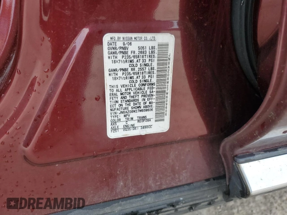 2007 Nissan Murano SL with VIN JN8AZ08W27W609606, listed as a Copart auction lot 60458045 with 86,281 mi miles and Salvage title. Bid and sale history available at DreamBid. Image 13.