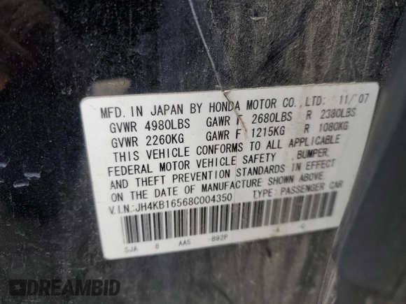 2008 Acura RL with VIN JH4KB16568C004350, listed as a Copart auction lot 46623315 with 178,744 mi miles and Salvage Title. Bid and sale history available at DreamBid. Image 12.