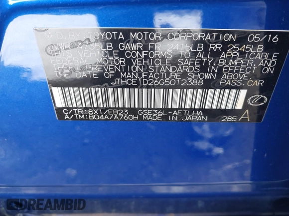 2016 Lexus IS 350 with VIN JTHCE1D26G5012388, listed as a IAAI auction lot 41298093 with 83,691 mi miles and . Bid and sale history available at DreamBid. Image 9.