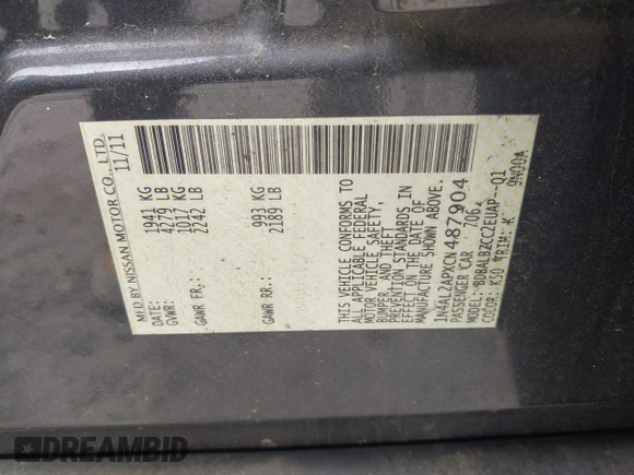 2012 Nissan Altima 2.5 with VIN 1N4AL2APXCN487904, listed as a IAAI auction lot 42040255 with 200,341 mi miles and . Bid and sale history available at DreamBid. Image 9.
