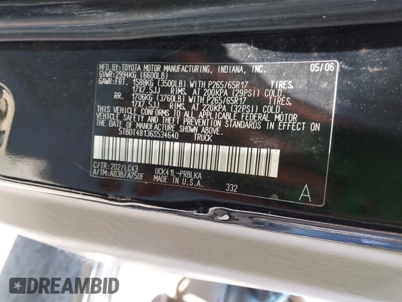 2006 Toyota Tundra Limited with VIN 5TBDT48136S534640, listed as a IAAI auction lot 42420958 with 264,665 mi miles and . Bid and sale history available at DreamBid. Image 9.