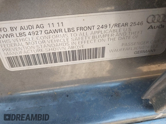 2012 Audi A4 2.0T Premium Plus with VIN WAUFFAFL3CN016553, listed as a IAAI auction lot 42137165 with 131,409 mi miles. Bid and sale history available at carsss.com. Image 9.