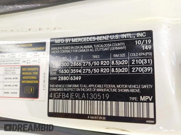 2020 Mercedes-Benz GLE 350 z VIN 4JGFB4JE9LA130519, wystawiony jako IAAI lot #42034290 z przebiegiem 36 425 mil mil oraz . Historia ofert i sprzedaży dostępna na DreamBid. Obrazek 9.