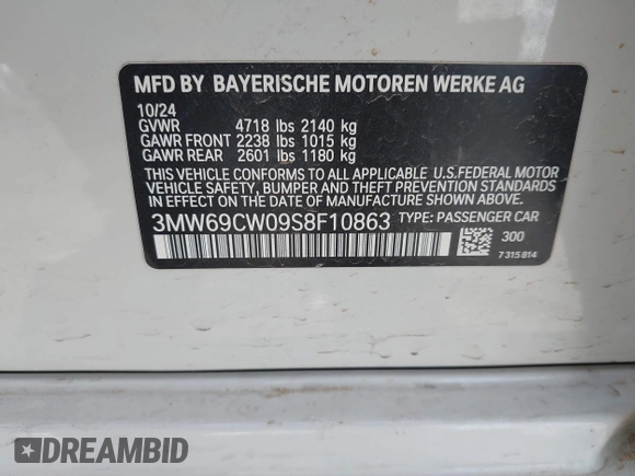 2025 BMW 3 Series 330i with VIN 3MW69CW09S8F10863, listed as a IAAI auction lot 42525396 with 13,155 mi miles and . Bid and sale history available at DreamBid. Image 9.