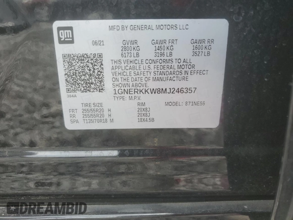 2021 Chevrolet Traverse Premier with VIN 1GNERKKW8MJ246357, listed as a Copart auction lot 58257635 with 89,543 mi miles and Salvage title. Bid and sale history available at DreamBid. Image 13.
