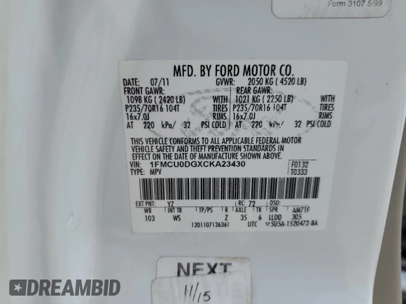 2012 Ford Escape XLT с VIN 1FMCU0DGXCKA23430, выставлен на аукционе Copart как лот 59546645 с пробегом 128 369 миль миль и Списание • Salvage title. История ставок и продаж доступна на DreamBid. Изображение 13.