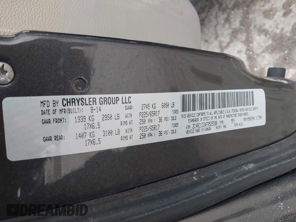 2015 Chrysler Town & Country Touring-L with VIN 2C4RC1CG4FR525588, listed as a IAAI auction lot 41696620 with 225,297 mi miles. Bid and sale history available at carsss.com. Image 9.