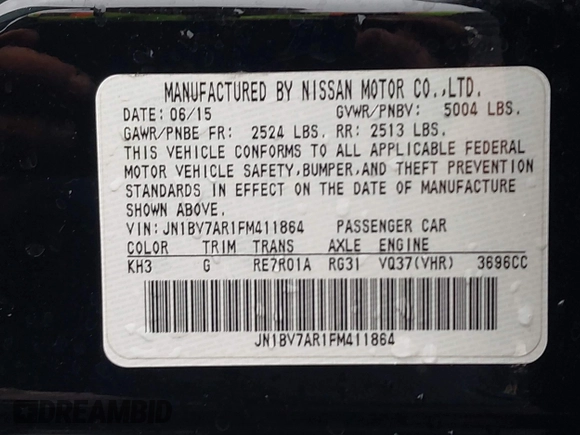 2015 Infiniti Q50 Premium with VIN JN1BV7AR1FM411864, listed as a IAAI auction lot 40800193 with 104,154 mi miles. Bid and sale history available at carsss.com. Image 9.