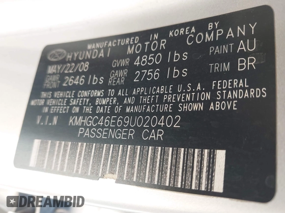 2009 Hyundai Genesis with VIN KMHGC46E69U020402, listed as a IAAI auction lot 42058858 with 180,038 mi miles and . Bid and sale history available at DreamBid. Image 9.