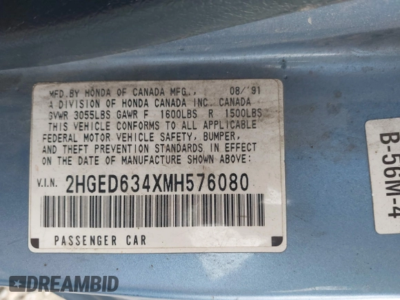1991 Honda Civic z VIN 2HGED634XMH576080, wystawiony jako IAAI lot #42126557 z przebiegiem 271 729 mil mil oraz . Historia ofert i sprzedaży dostępna na DreamBid. Obrazek 9.