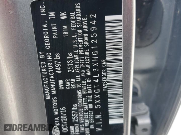 2017 Kia Optima LX with VIN 5XXGT4L3XHG125942, listed as a Copart auction lot 61654015 with 108,582 mi miles and Salvage title. Bid and sale history available at DreamBid. Image 12.
