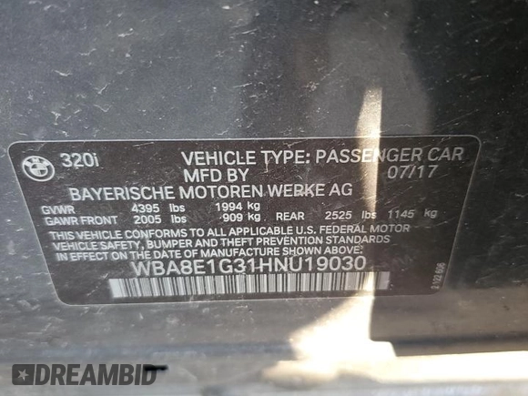 2017 BMW 3 Series 320i with VIN WBA8E1G31HNU19030, listed as a Copart auction lot 46920075 with 69,418 mi miles and Salvage Title. Bid and sale history available at carsss.com. Image 13.
