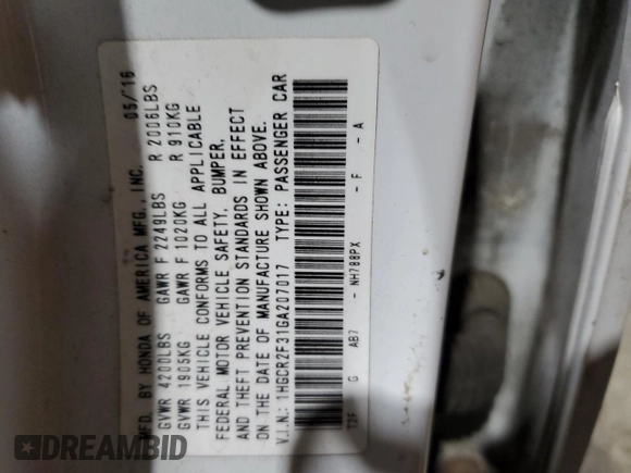 2016 Honda Accord Sedan LX with VIN 1HGCR2F31GA207017, listed as a Copart auction lot 46866595 with 225,260 mi miles and Salvage Title. Bid and sale history available at carsss.com. Image 13.