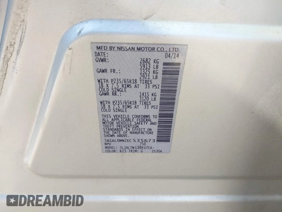 2014 Infiniti QX60 with VIN 5N1AL0MN2EC535673, listed as a IAAI auction lot 42768750 with 163,067 mi miles and . Bid and sale history available at DreamBid. Image 9.