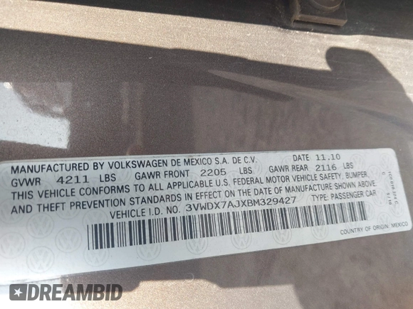 2011 Volkswagen Jetta Sedan SE w/Convenience & Sunroof with VIN 3VWDX7AJXBM329427, listed as a IAAI auction lot 42121116 with 193,490 mi miles. Bid and sale history available at carsss.com. Image 9.