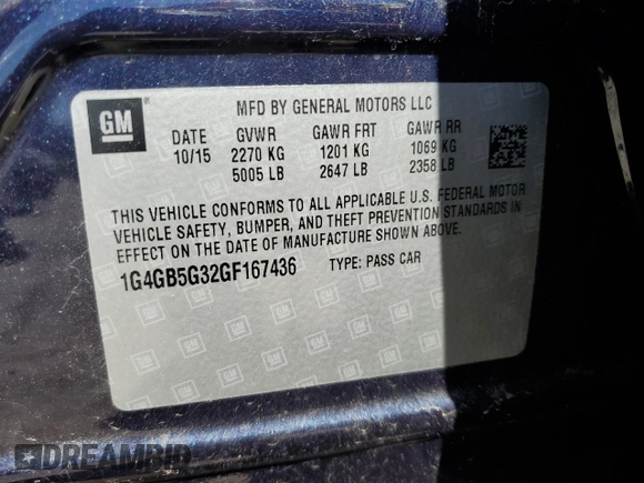 2016 Buick LaCrosse Leather with VIN 1G4GB5G32GF167436, listed as a Copart auction lot 55999085 with 103,219 mi miles and Salvage title. Bid and sale history available at DreamBid. Image 12.