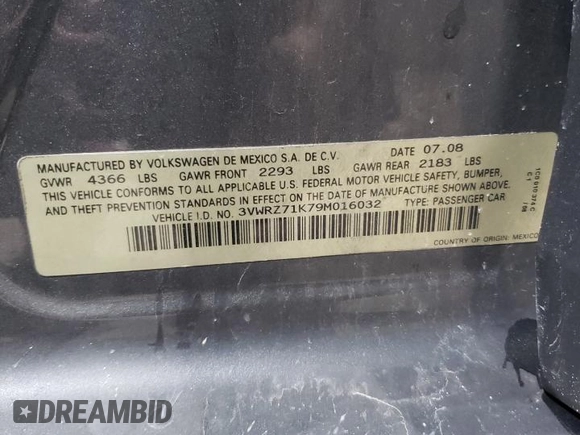 2009 Volkswagen Jetta SE with VIN 3VWRZ71K79M016032, listed as a Copart auction lot 59369445 with 177,075 mi miles and Salvage title. Bid and sale history available at DreamBid. Image 13.