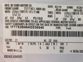 2019 Ford F-250 XL with VIN 1FT7X2B66KEE56940, listed as a IAAI auction lot 42282376 with 176,667 mi miles and . Bid and sale history available at DreamBid. Image 12.