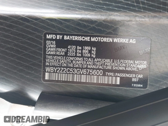 2016 BMW i8 with VIN WBY2Z2C53GV675600, listed as a IAAI auction lot 42079477 with 26,756 mi miles. Bid and sale history available at carsss.com. Image 9.