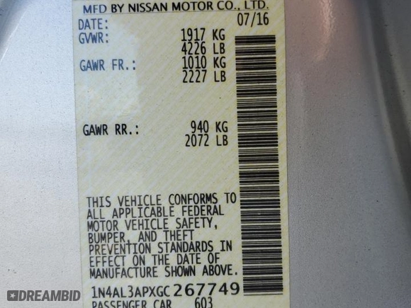 2016 Nissan Altima 2.5 SL with VIN 1N4AL3APXGC267749, listed as a Copart auction lot 42850555 with 187,141 mi miles and Salvage Title. Bid and sale history available at carsss.com. Image 14.