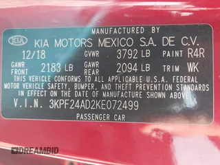 2019 Kia Forte LXS z VIN 3KPF24AD2KE072499, wystawiony jako IAAI lot #42172434 z przebiegiem 111 881 mil mil oraz . Historia ofert i sprzedaży dostępna na DreamBid. Obrazek 9.