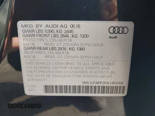 2015 Audi Q5 Premium Plus with VIN WA1LFAFP2FA145558, listed as a IAAI auction lot 42471175 with 138,390 mi miles and . Bid and sale history available at DreamBid. Image 9.