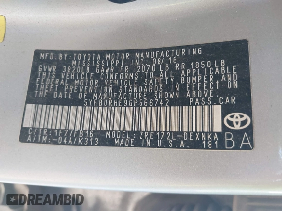2016 Toyota Corolla L z VIN 5YFBURHE9GP566742, wystawiony jako IAAI lot #41771845 z przebiegiem 130 601 mil mil oraz . Historia ofert i sprzedaży dostępna na DreamBid. Obrazek 9.