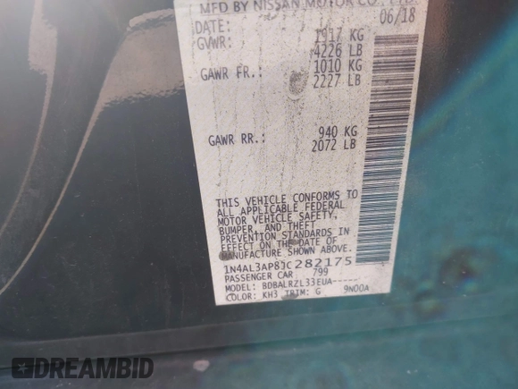 2018 Nissan Altima SR with VIN 1N4AL3AP8JC282175, listed as a IAAI auction lot 41238328 with 117,198 mi miles and . Bid and sale history available at carsss.com. Image 9.