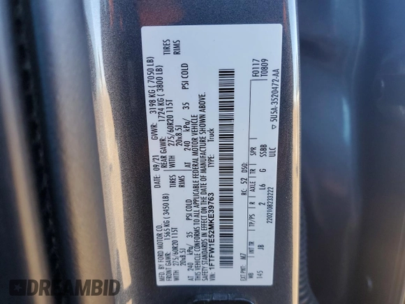 2021 Ford F-150 XL with VIN 1FTFW1E52MKE39763, listed as a Copart auction lot 45680975 with 47,112 mi miles and Salvage Title. Bid and sale history available at carsss.com. Image 12.