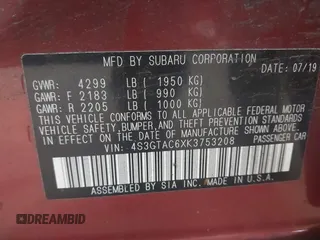 2019 Subaru Impreza Premium с VIN 4S3GTAC6XK3753208, выставлен на аукционе IAAI как лот 42346610 с пробегом 88 376 миль миль и . История ставок и продаж доступна на DreamBid. Изображение 9.