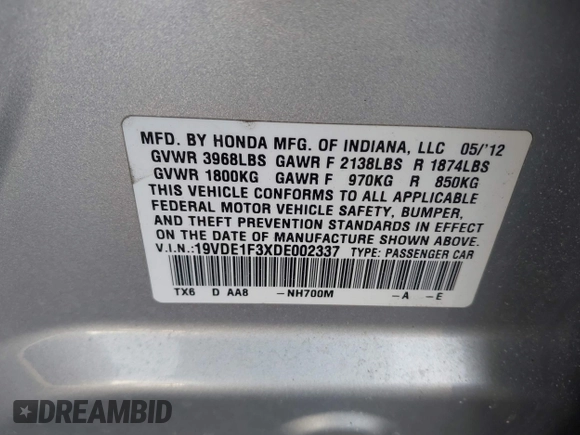 2013 Acura ILX with VIN 19VDE1F3XDE002337, listed as a IAAI auction lot 41417917 with 170,373 mi miles. Bid and sale history available at carsss.com. Image 9.
