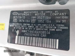 2016 Hyundai Accent SE with VIN KMHCT4AE4GU038514, listed as a IAAI auction lot 42174556 with Not Provided miles and . Bid and sale history available at DreamBid. Image 9.
