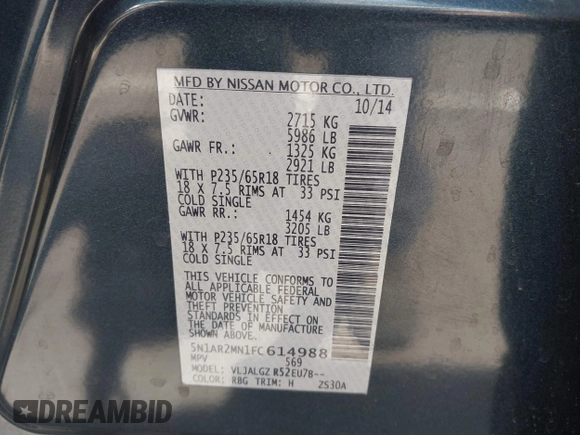2015 Nissan Pathfinder SV with VIN 5N1AR2MN1FC614988, listed as a IAAI auction lot 42384089 with 113,007 mi miles and . Bid and sale history available at DreamBid. Image 9.